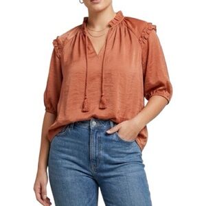 Como Blu Rust Satin Ruffle V-Neck Boho Blouse Top  Short Sleeve  Medium NWT
